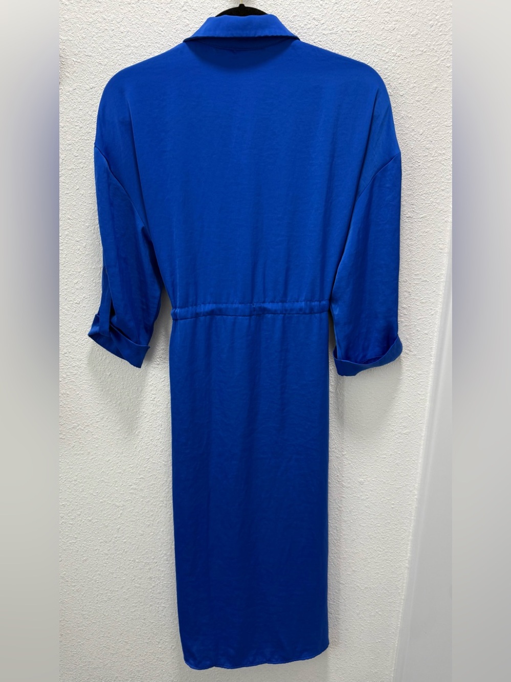 Zara Cobalt Blue Gathered Satin Dress featuring a collared neckline Sz(m) - Picture 3 of 4